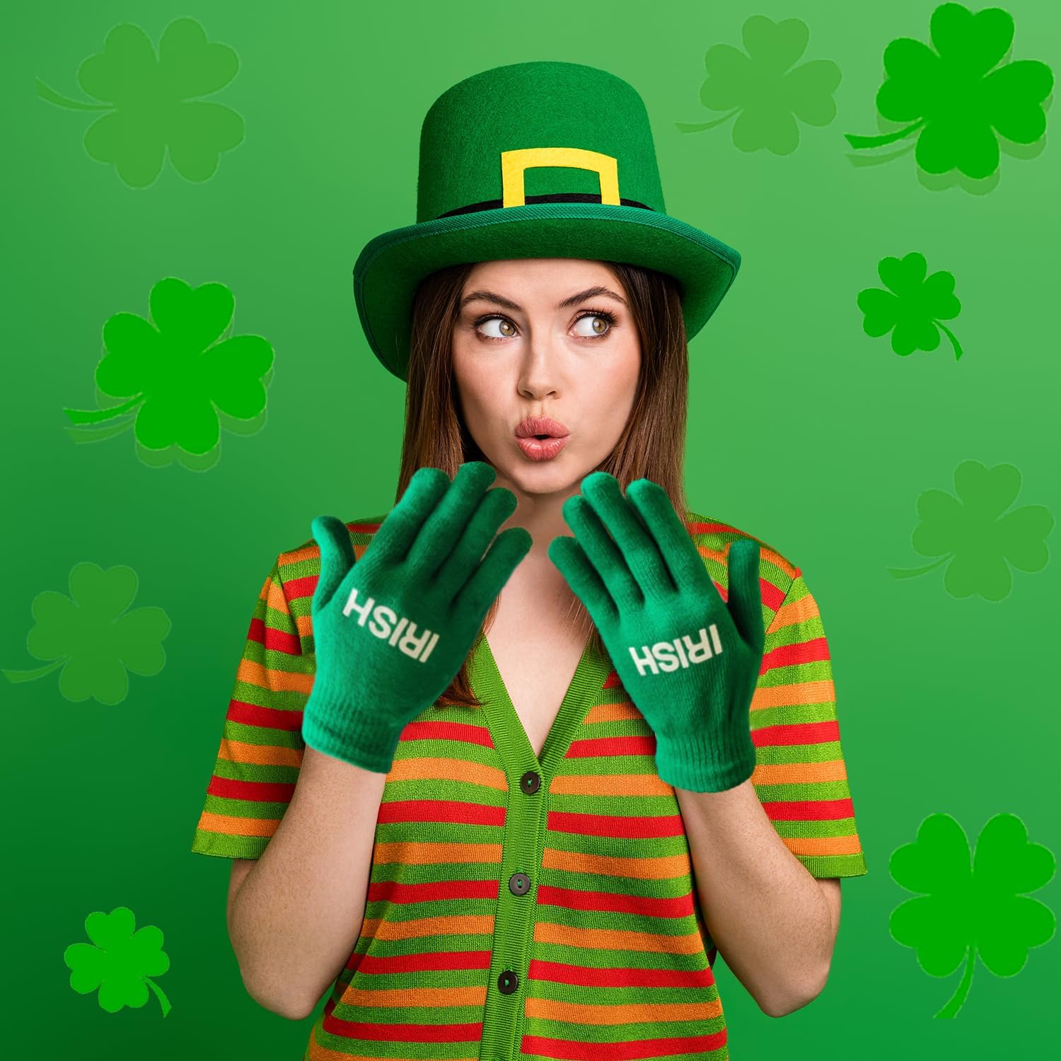 The Dreidel Company Irish Print Gloves, One Size, Green, St. Patrick's Day Party Accessory, Costume Accessories, Party Favor, Single