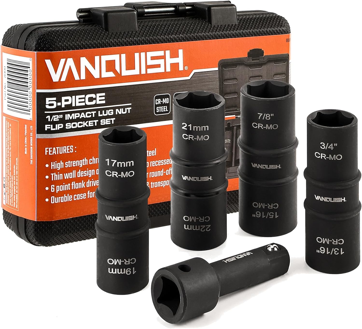 VANQUISH Motor Tech Lug Nut Socket Set, 5pc 1/2 Drive Impact Flip Socket Set with Metric 17 19 21 22 mm & SAE 3/4 13/16 7/8 15/16 in Sockets, Double Ended Thin Wall Nut Sockets with 3" Extension Bar