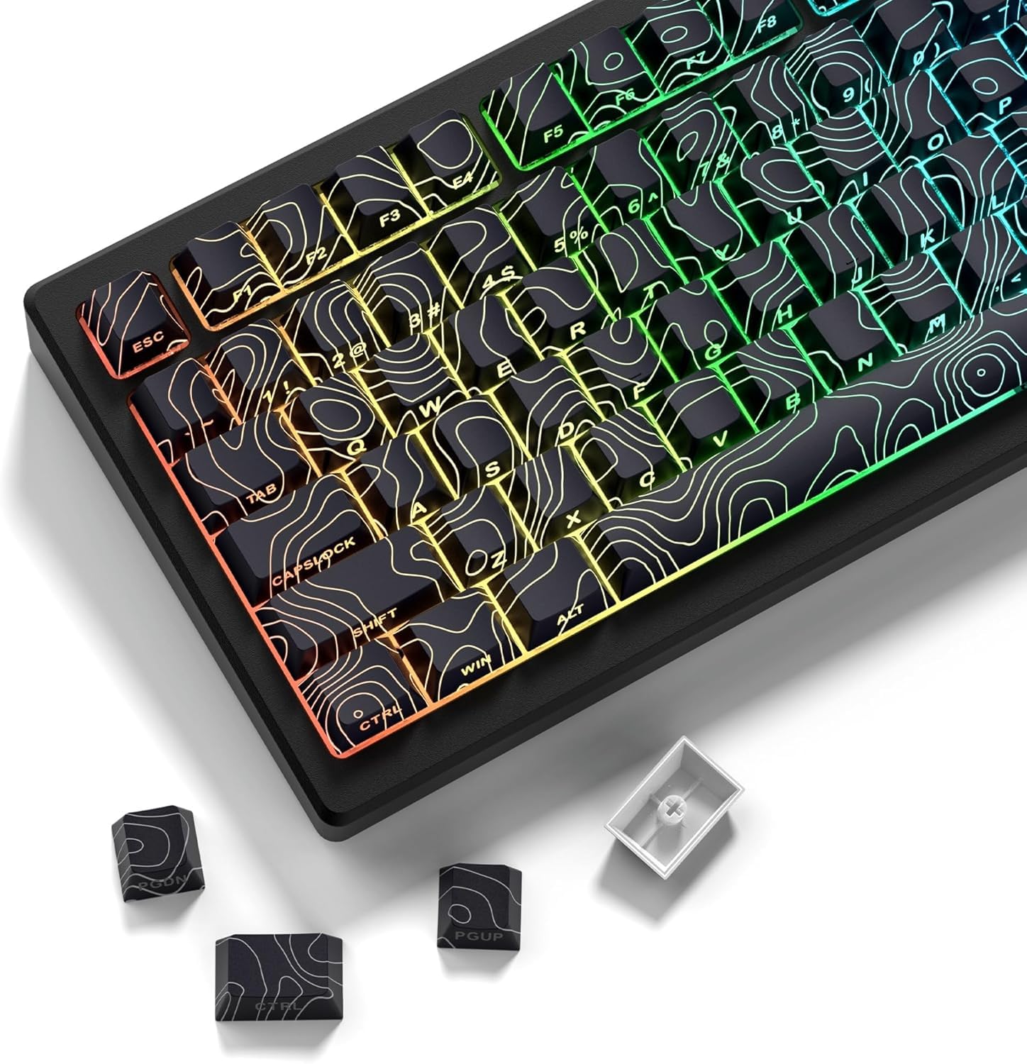 PBT Keycaps, Schwarze topografische 60 75 Prozent Lines Backlit, Shine Through Tastenkappen, Seitlich Bedruckte Cherry Profile für100%, 75%, 65%, 60% ANSI US Tastatur(nur Tastenkappen)