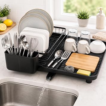 Dish Drainer Rack Extendable for Kitchen Counter & Sink   Adjustable Dish Drying Rack With Drainboard, 360  Swivel Spout & Utensil Holder, Large Capacity Anti-Rust Metal Dish Rack, Black