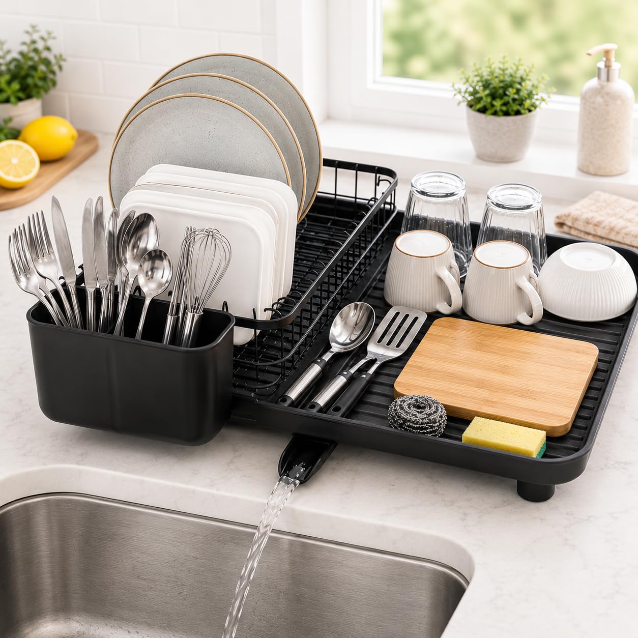 ToughHub Dish Drainer Rack Extendable for Kitchen Counter & Sink – Adjustable Dish Drying Rack With Drainboard, 360° Swivel Spout & Utensil Holder, Large Capacity Anti-Rust Metal Dish Rack, Black