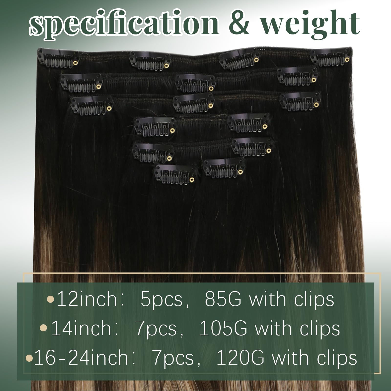 Ugeat Przedłużanie Włosów Clip in, Włosy Ludzkie, Balayage Naturalna Czerń do Crązu, 55 cm 7 sztuk 120g, Włosy Clip in Extensions Blond, Remy Naturalne Proste