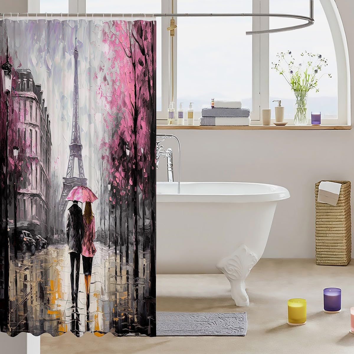 jejeloiu Pink Eiffel Tower Shower Curtain 72"x84" Couple Valentine's Day Bathroom Shower Curtain Set for Girls Women Lover Romantic Paris Bath Curtain France Trip Bathroom Accessories