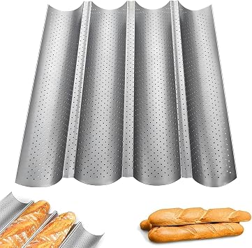 4 Wave Slots Baguette Baking Tray, 15 x 13 inch Bread Baking Tray, Nonstick Perforated French Stick Loaf Bake Molds Pan, Baguettes Grooves for Loaves Toast Cooking Baker Molding Gutter Oven Toaster