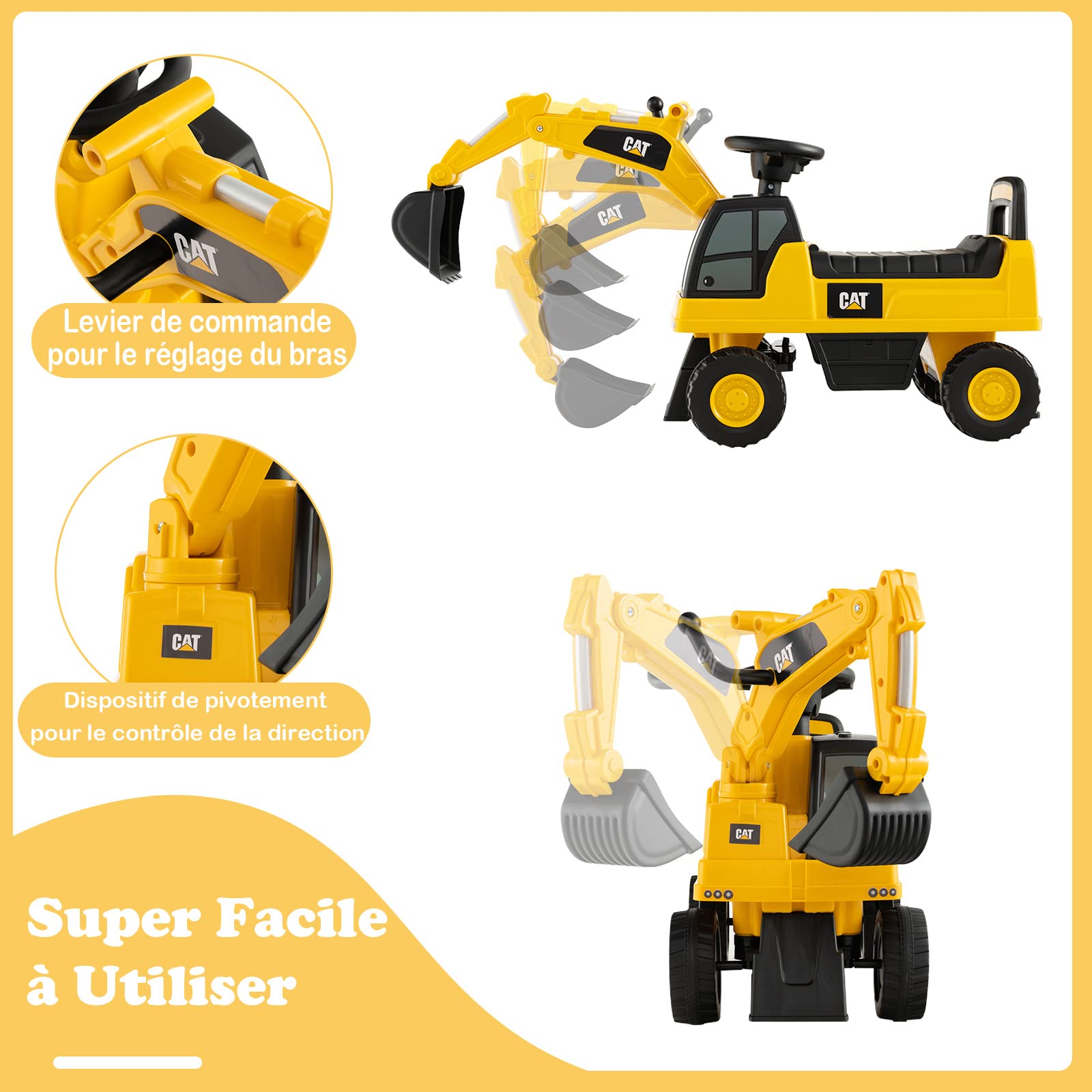COSTWAY Tractopelle Enfant avec Bras à Angle Réglable, Pelleteuse Enfant, Charge 25KG, Excavateur pour Enfant 1-3 Ans
