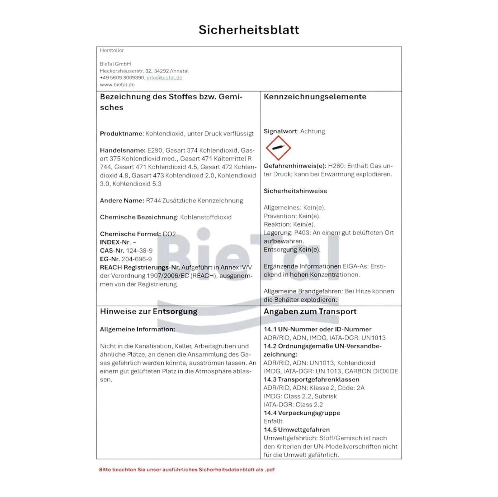 Butelka gazowana 2 kg CO2 Butelka wielokrotnego użytku E290 z żywnością gazowaną