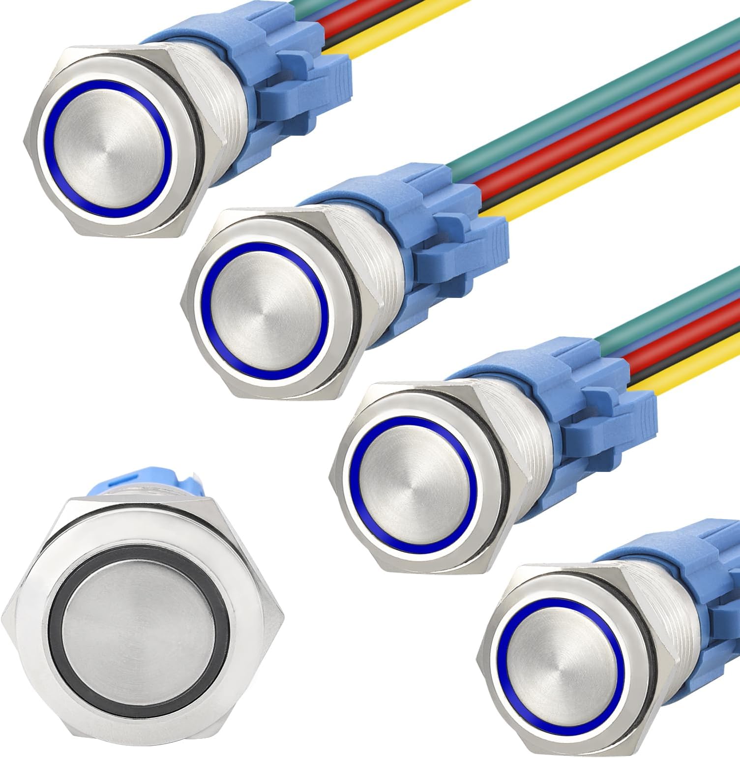STARELO 5pcs 19mm Momentary led Push Button Switch Sliver Shell, IP65 Waterproof Push Button Switch,1NO 1 NC with Wire Socket Plug,Self-resetting with LED(Blue).