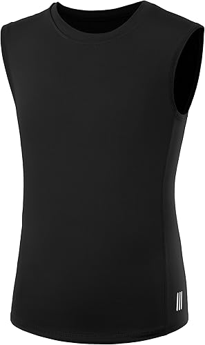 RIKUAOU Boys Compression Shirt,Youth Sleeveless Athletic Tank Tops,Football Undershirt Wicking Sport Kids Black