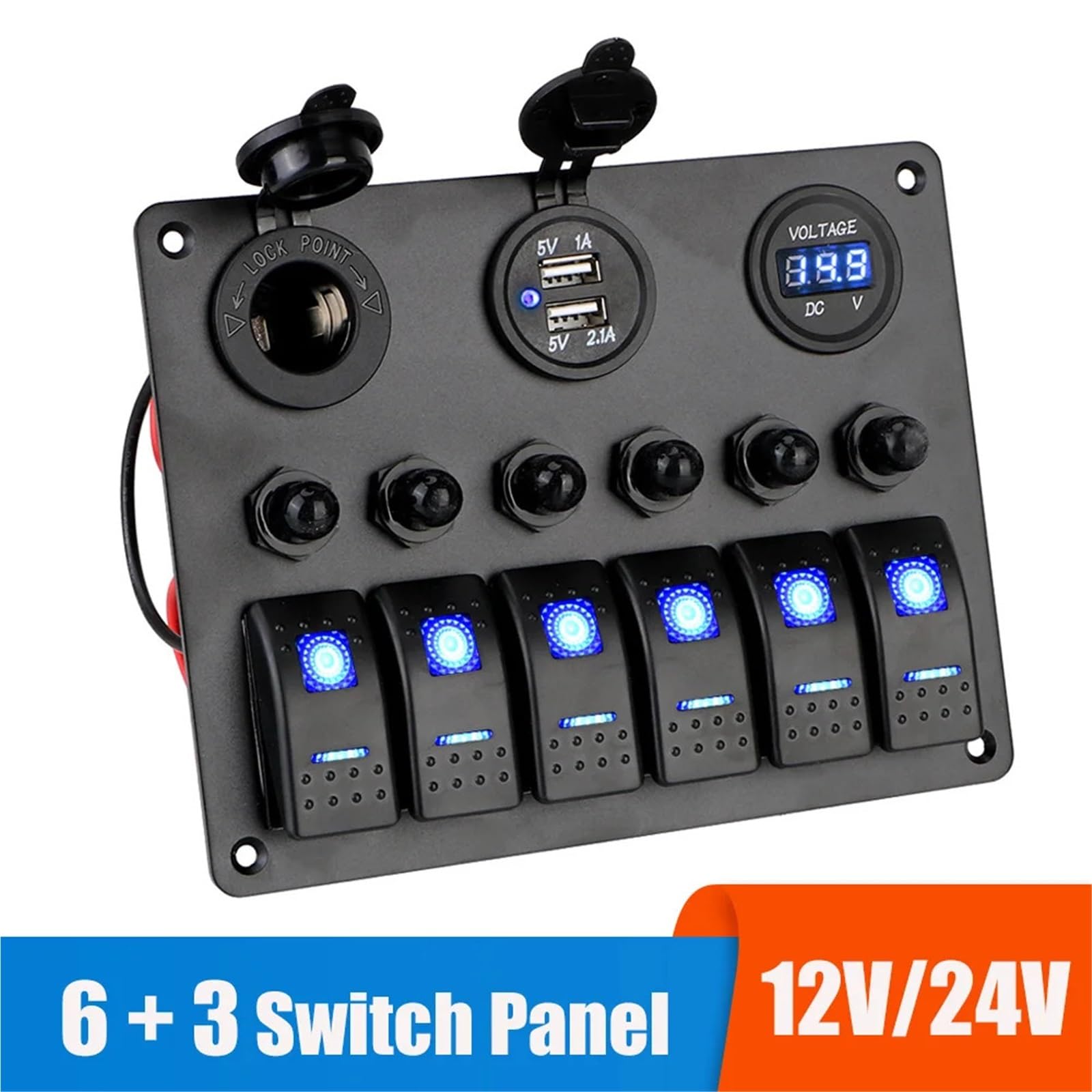 Panel de interruptores for coche de 12 V y 24 V, 6 botones, fusible de 15 A, disyuntor marino, voltímetro, comprobador de luz, cargadores USB 3.0, divisor automático Interruptor Basculante(6 gang red)