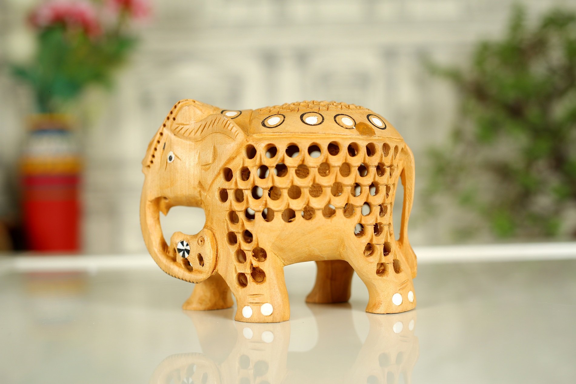 Éléphant en bois sculpté main, artisanat d'art et doublure