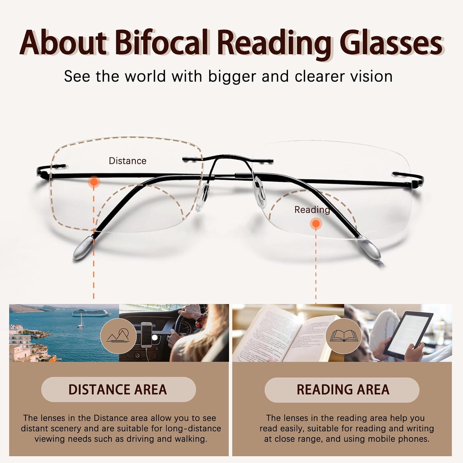 Photochromic Bifocal Reading Glasses Titanium Frameless Men's Reading Glasses UV400 Anti-blue Light Glasses