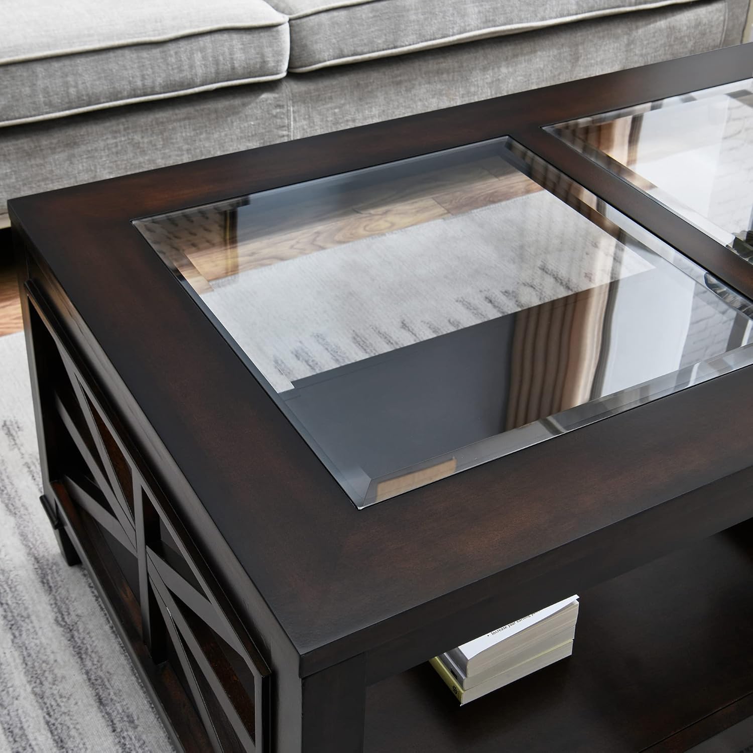 Solid Wood Rectangle Coffee Table with Tempered Glass, 2-Tier Wooden Cocktail Table Rustic Country Espresso Center Table Large Dual Glass Coffee Table with Storage Shelf for Living Room, 45.5x26x19in