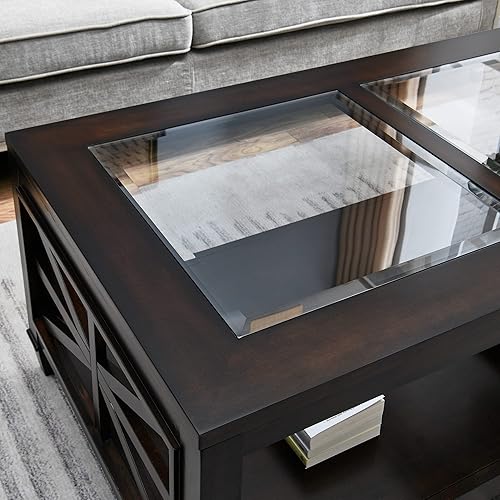 Miniatura 6 de Mesa de centro de granja con parte superior de vidrio templado y estante de almacenamiento, mesas centrales grandes rectangulares de madera maciza