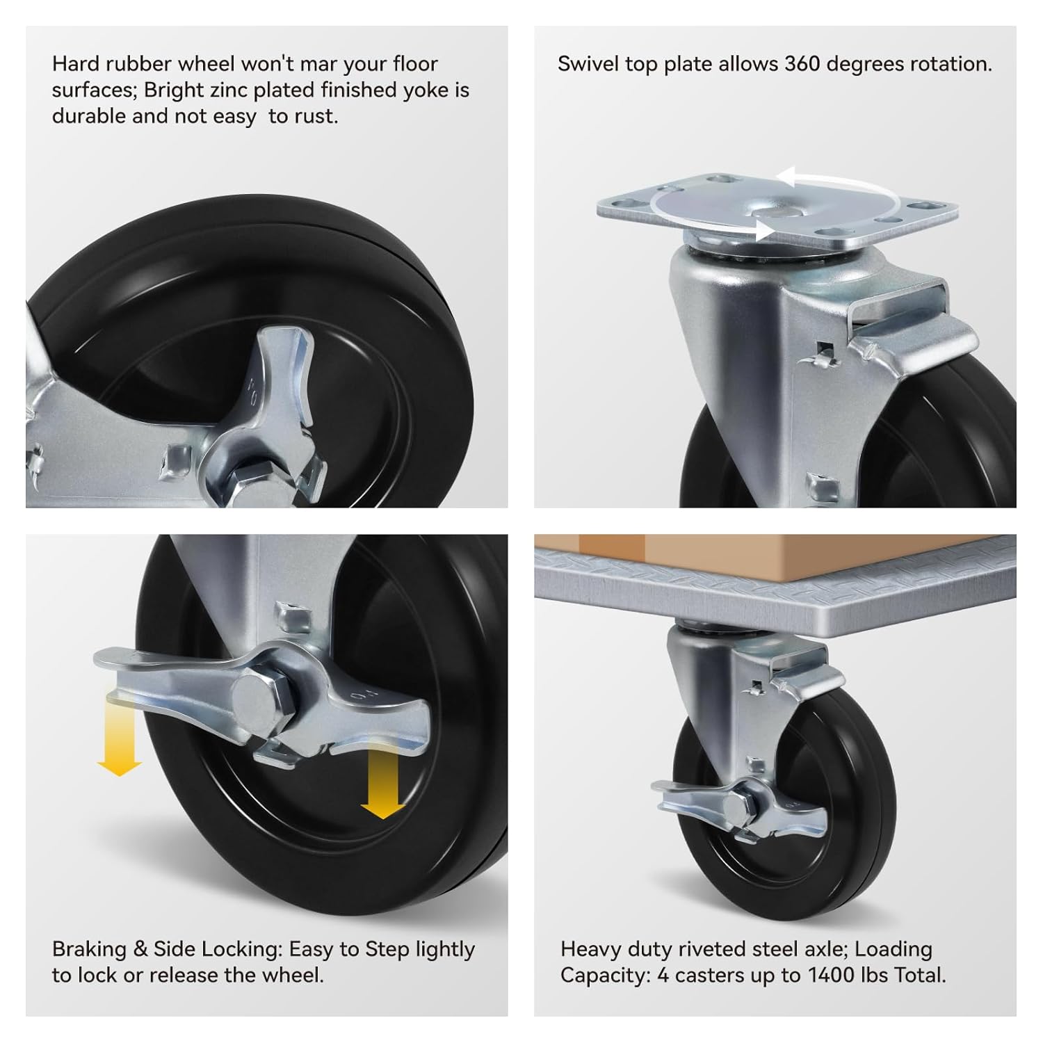 Caster Wheels, 5 inch Heavy Duty Casters, Set of 4 Hard Rubber for Cart Furniture Workbench - Load 1400lbs Capacity (4 Pack Brake