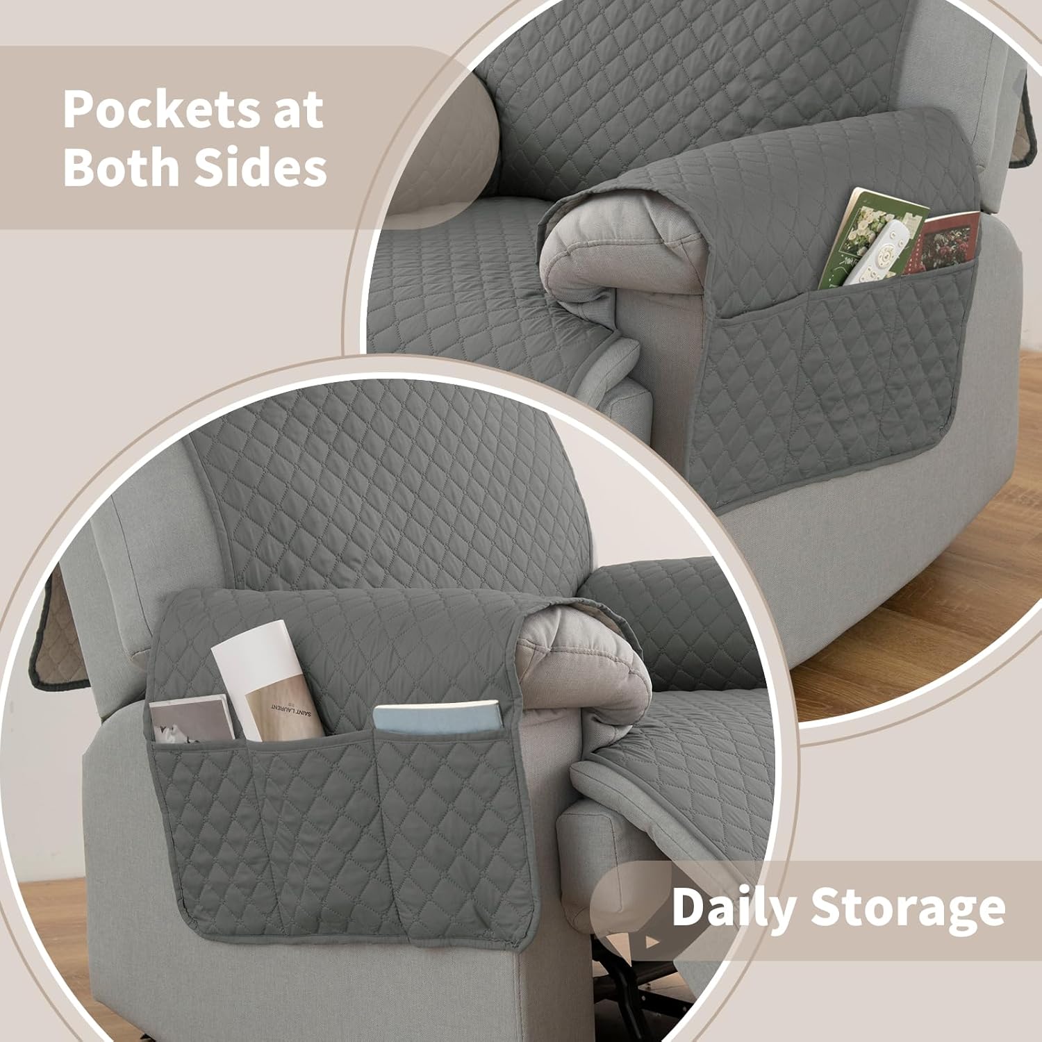 100% Waterproof Recliner Chair Covers 30", Non-Slip Recliner Cover for Chair with Pocket Washable Recliner Covers with Elastic Straps Oversized Recliner Cover for Kids Pets-Dark Gray