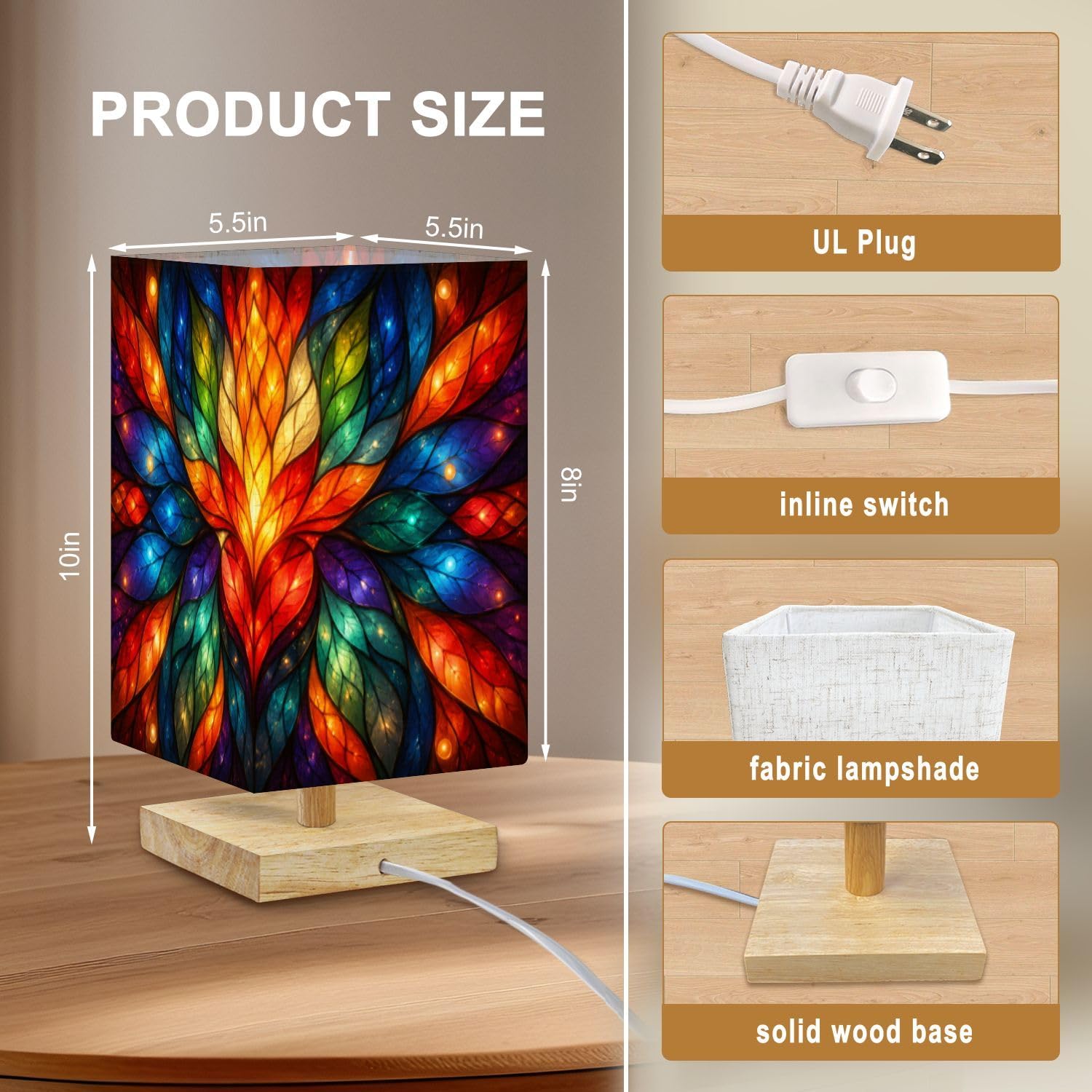 Square Table Lamp for Bedroom Colorful Abstract Stained Beside Lamps Desk lamp with Wood Base Nightstand Lamps for Nursery Living Room Home Decor image 5
