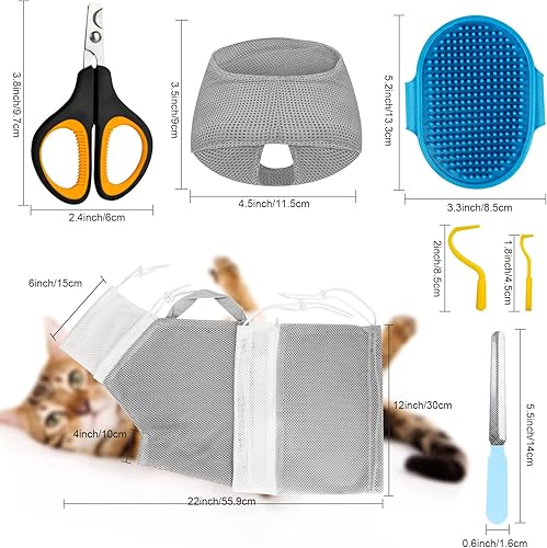 Miniatura 7 de Juego de baño para gatos, 8 piezas, red de ducha para gatos, bozal de malla, cepillo ajustable, cortaúñas, removedor de garrapatas, restricción de
