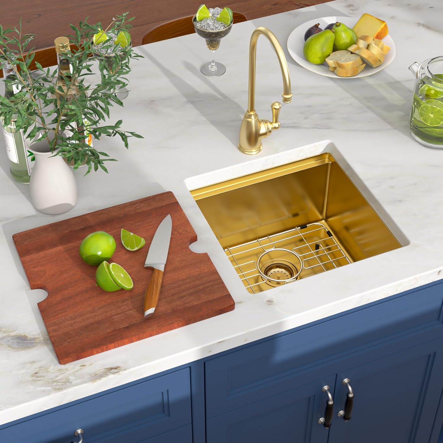 17x17 inch Gold Square Undermount Kitchen Sink, Small Wet Bar Prep Workstation Bar Sink, 16-Gauge Stainless Steel Single Bowl Basin for Laundry Room, RV, and Home Bar