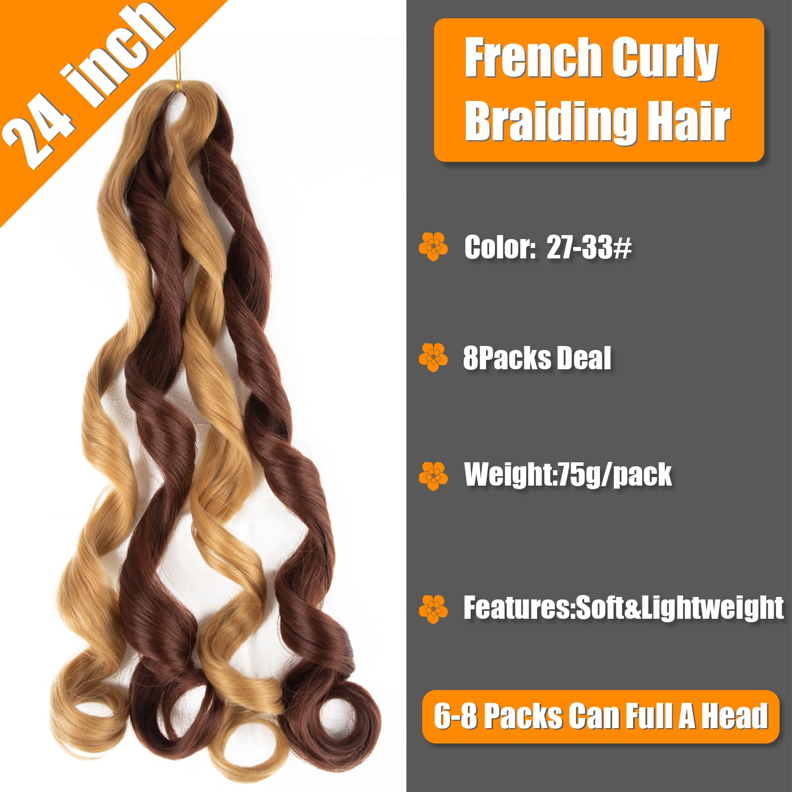 Curly Braiding Hair 24 Inch 8 Pack Bouncy French Braiding Hair extensions French Wavy Synthetic Crochet Hair Extensions (24 inch,27-33#)