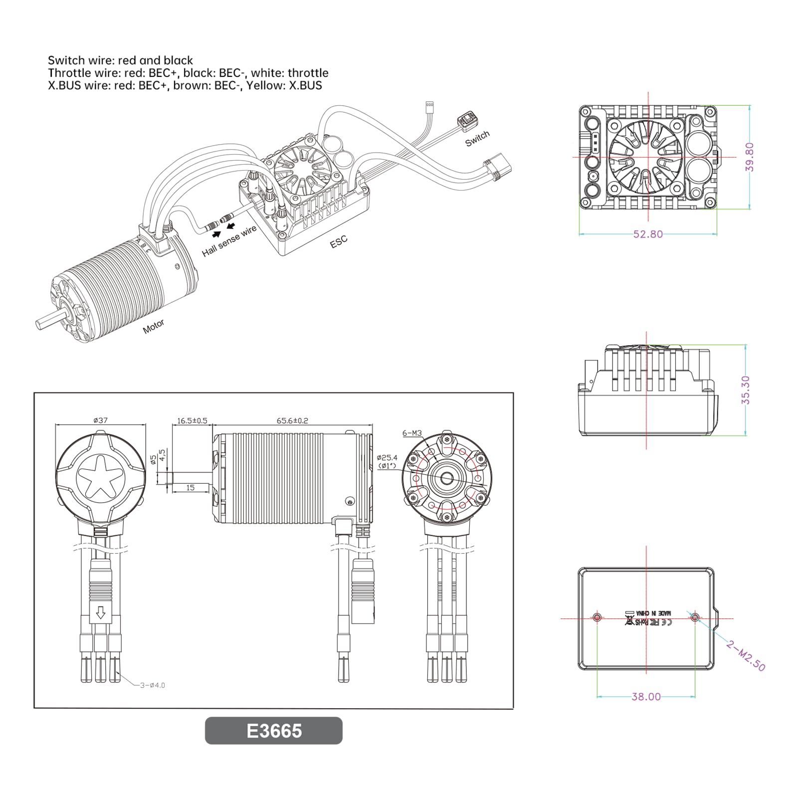 XC E3665 et E10 ESC Combo, moteur sans balais pour voiture télécommandée, 2-3S Lipo, étanche IP67, applicable à : 1/10 court court, camions, Monster (3300 KV + E10)