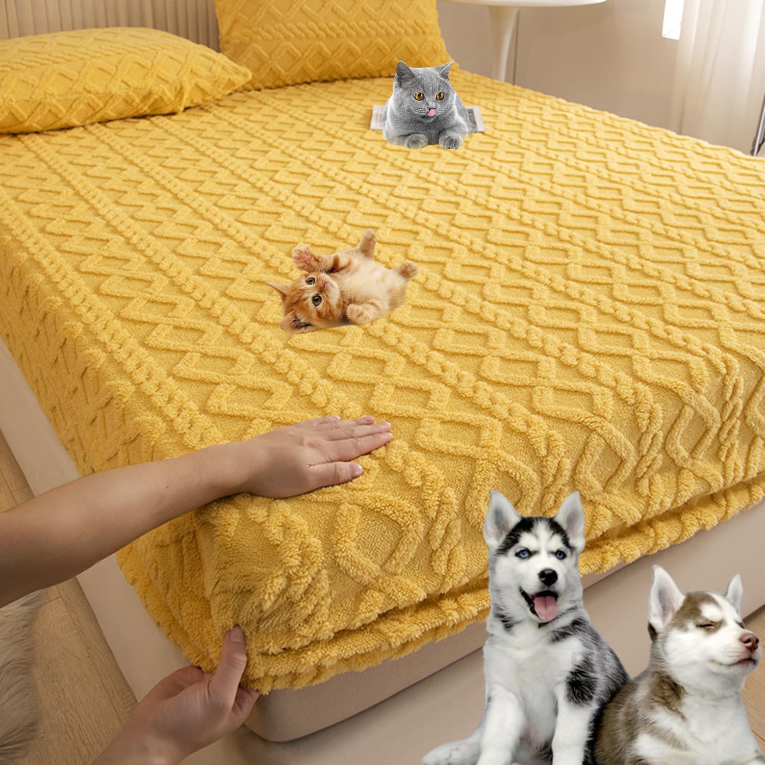 Elastic Bed Sheets,Elastic Bed Sheets Queen Size,Elastic Bedsheet,Elastic Bedsheets King Size Bed,Velvet Fitted Sheet Queen,Fuzzy Warm Elastic Bed Sheets Quilted (Yellow,Twin XL(120x200cm))