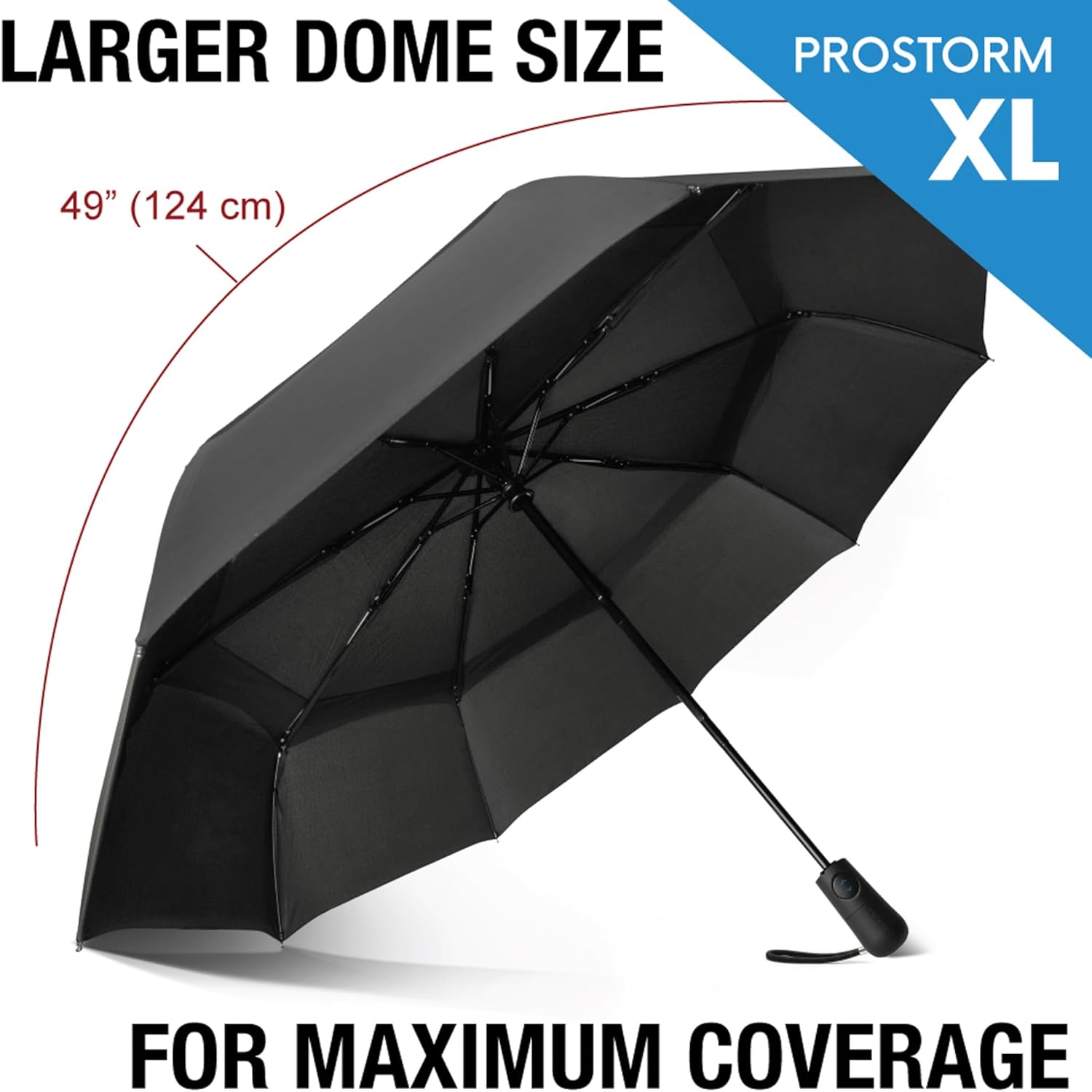 Prostorm Vented Travel Umbrella | Strong Compact Windproof Umbrella | Deep Dome Coverage | Auto Open/Close | Portable Pop Up with Large Coverage | Fits Car & Backpack