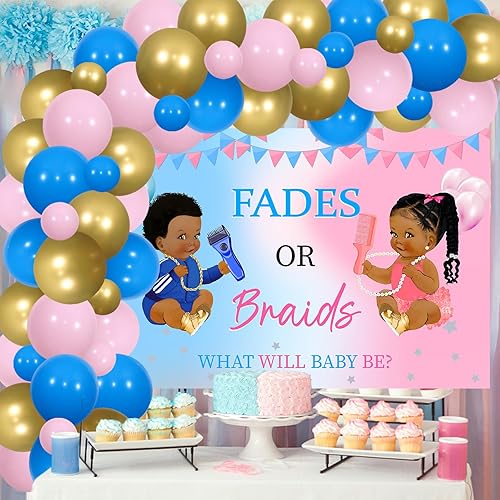 Miniatura 4 de Funmemoir Decoraciones de revelación de género de desvanecimientos o trenzas, arco de globos rosa, azul y dorado con telón de fondo, música retro,