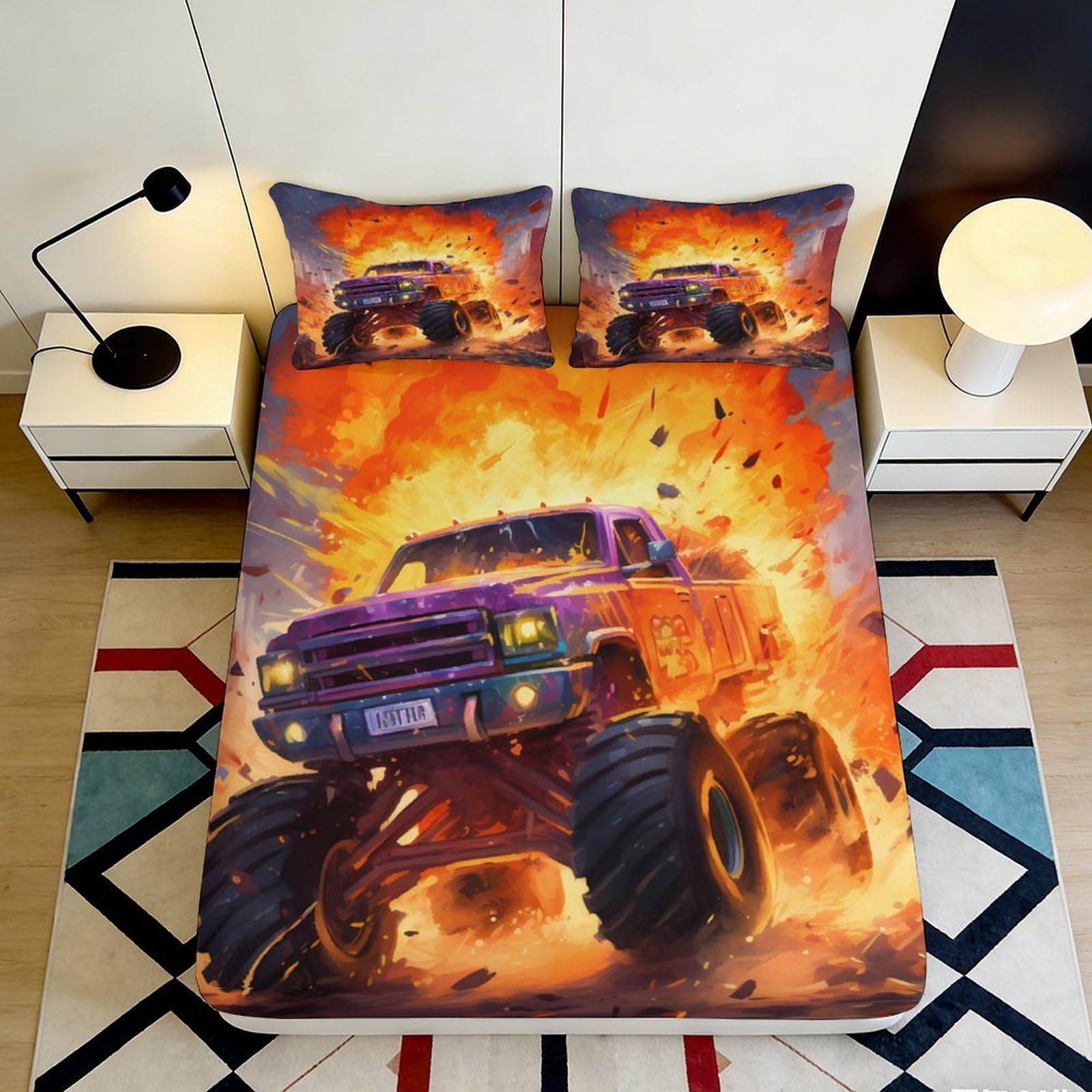 Jqzkxnhpbr Style-8 3D Printed Monster Truck Fitted Sheet Microfiber Orange Fire Bed Cover For Bedroom Dorm Mattress Protection Decor 90X200x25cm