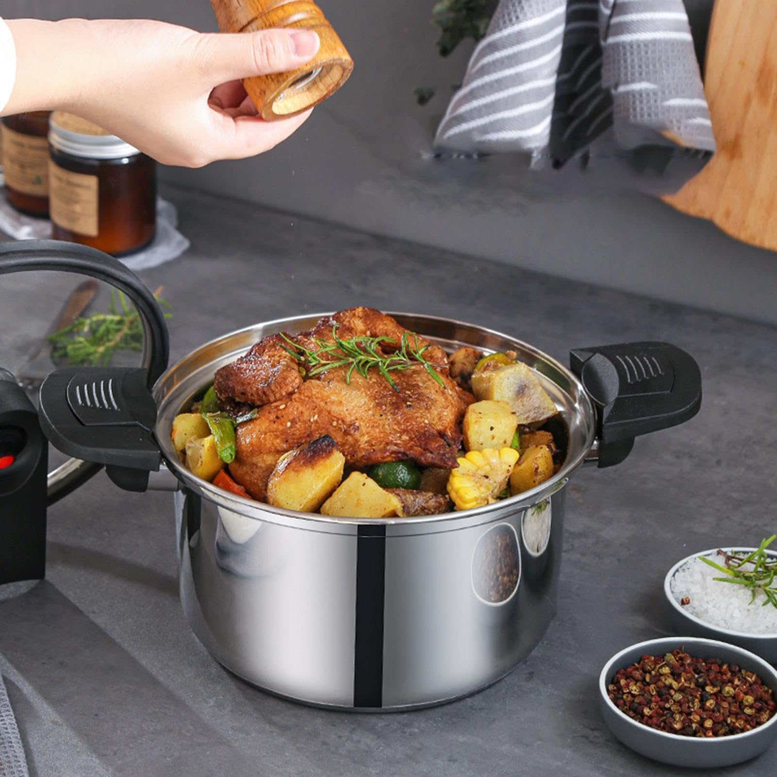 Schnellkochtopf Mit Schnellkochtopf – Heimkochgeschirr Für Effiziente Mahlz | Ergonomischer Dicker Küchen-Schnellkochtopf Aus 304 Edelstahl, Induktions-Gasherd, Schmortopf, Familientreffen-Utensilien