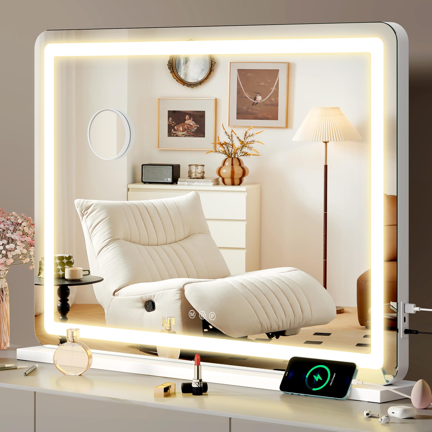 MUIRYN Vanity Mirror with Lights, 80x60 CM Large Makeup Mirror with Dimmable LED Lights, 3 Lighting Modes, 10x Magnifying Mirror, Memory Function, Tabletop or Wall Mounted Light Up Mirror For Bedroom