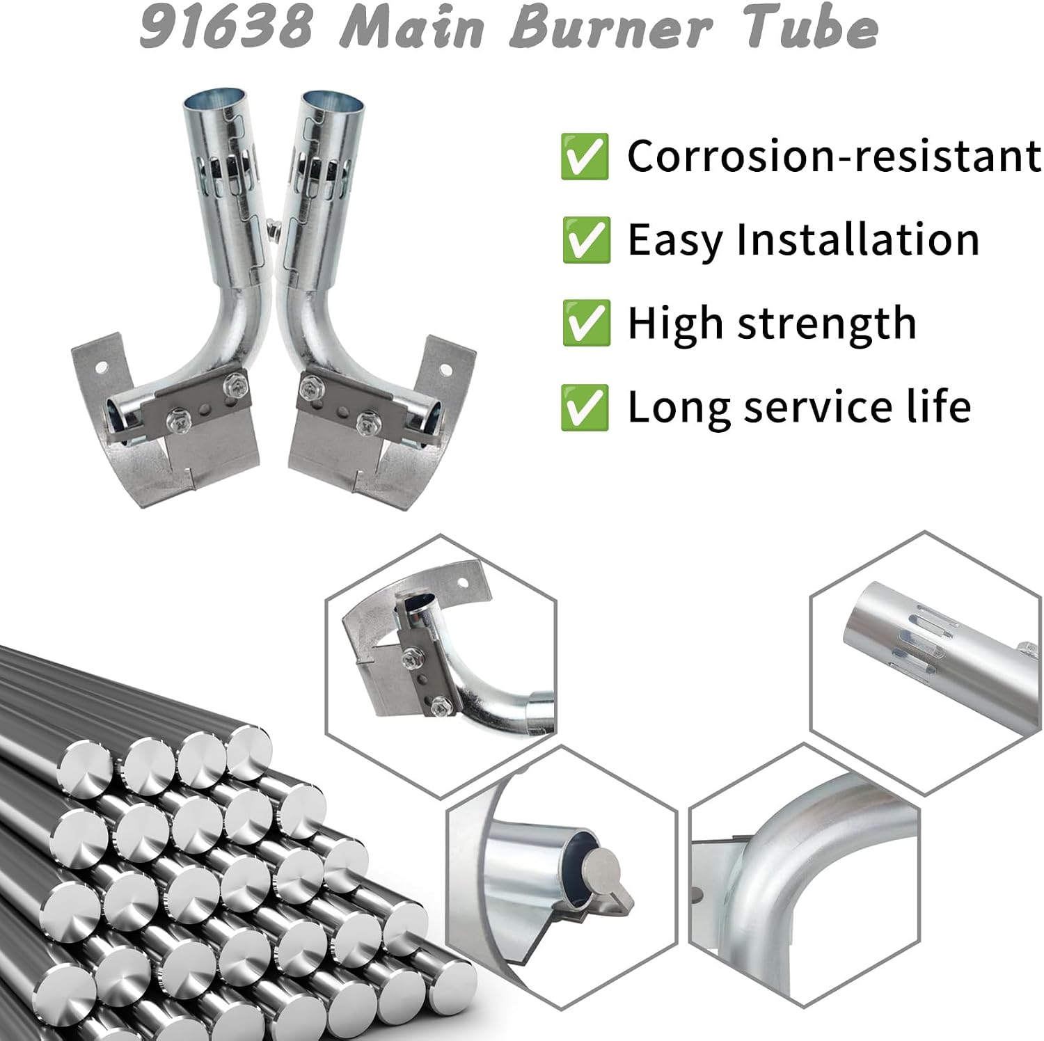 91638 Main Burner Tube Compatible with Atwood 6 Gallon RV Water Heater G6A-8E G6A-6E GCH6-4E GH6-6E GC6AA-10E, Durable Stainless Steel Propane Burner Assembly