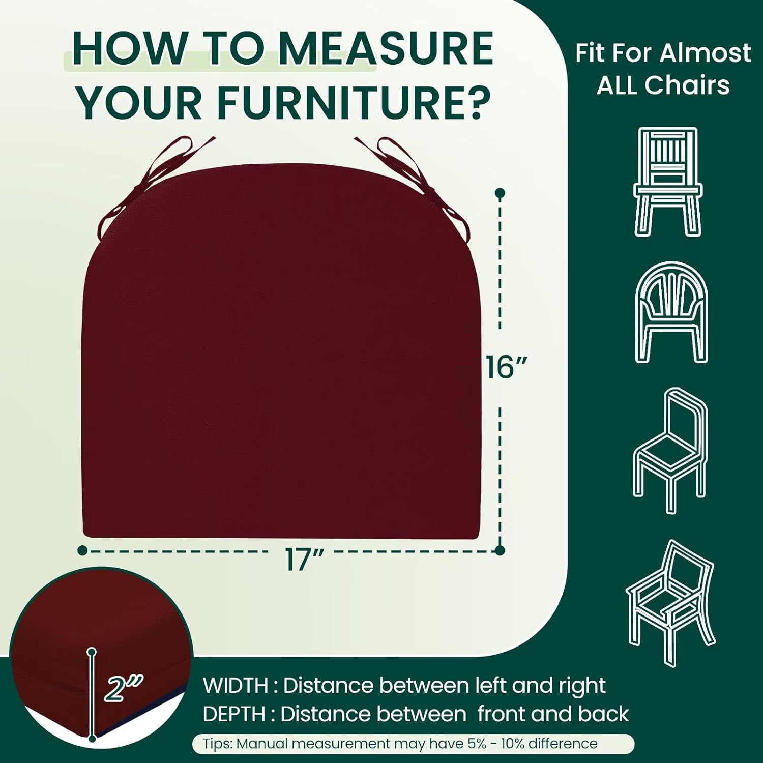 HARBOREST Outdoor Chair Cushions Set of 2, Water Resistant Patio Chair Cushions with Ties, Outdoor Seat Cushions for Patio Furniture, 17"x16"x2", Burgundy