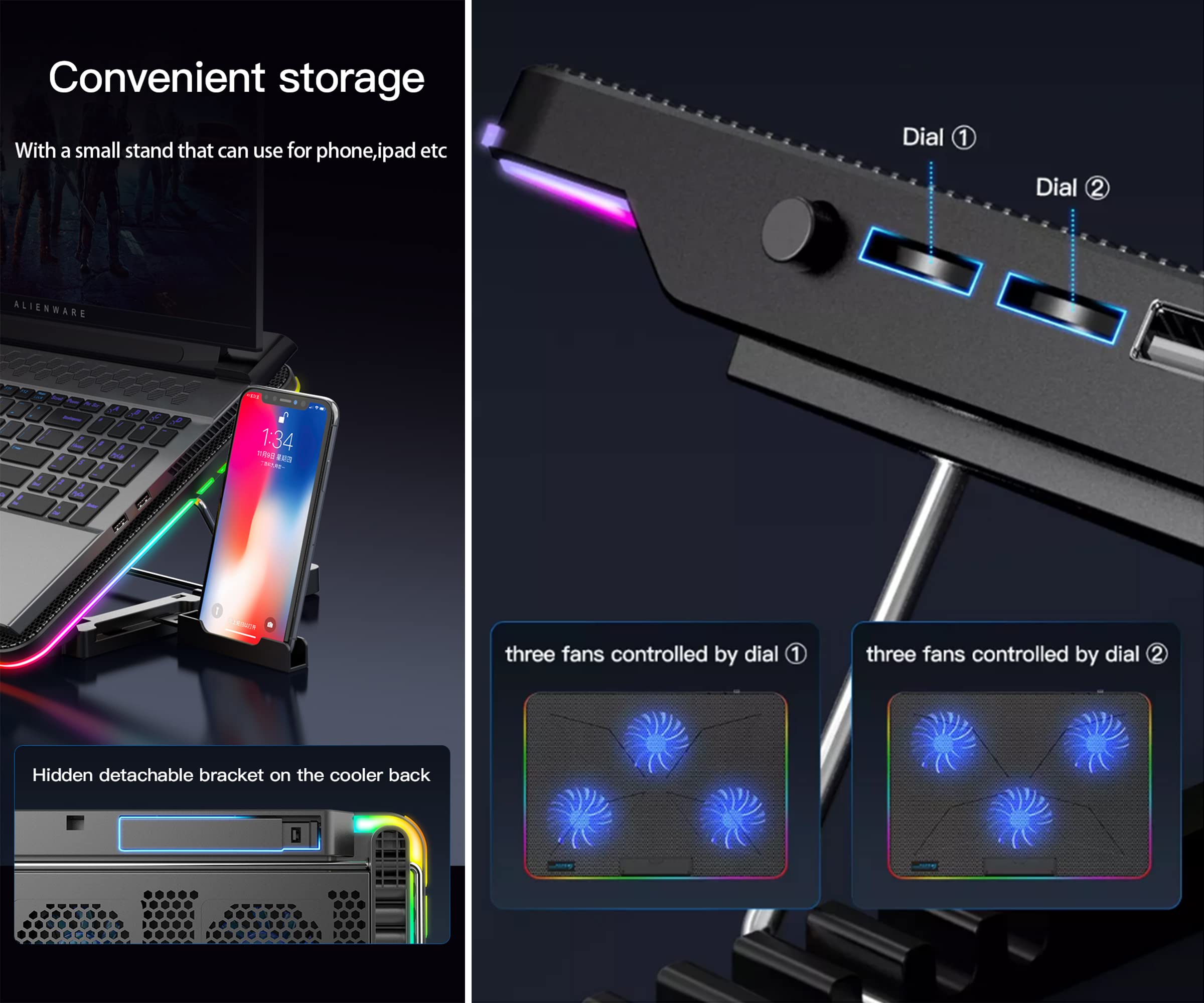 Navor Laptop-Kühlkissen, kompatibel mit Laptops von 17,8 - 40,6 cm, 6 Lüfter, USB-betriebener RGB-Gaming-Notebook-Kühler für Schreibtisch und Schoßgebrauch, Gaming-Laptop-Kühlständer mit 7