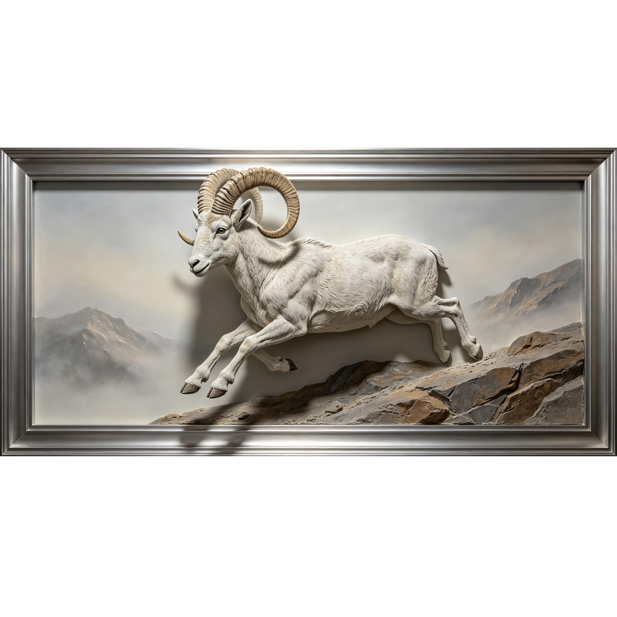 Agglomerix 3D Framed Wall Art Mountain Goat Wildlife Relief Effect Landscape Large Size Self-Adhesive Removable Wall Decor Prints Artwork for Living Room Bedroom Office