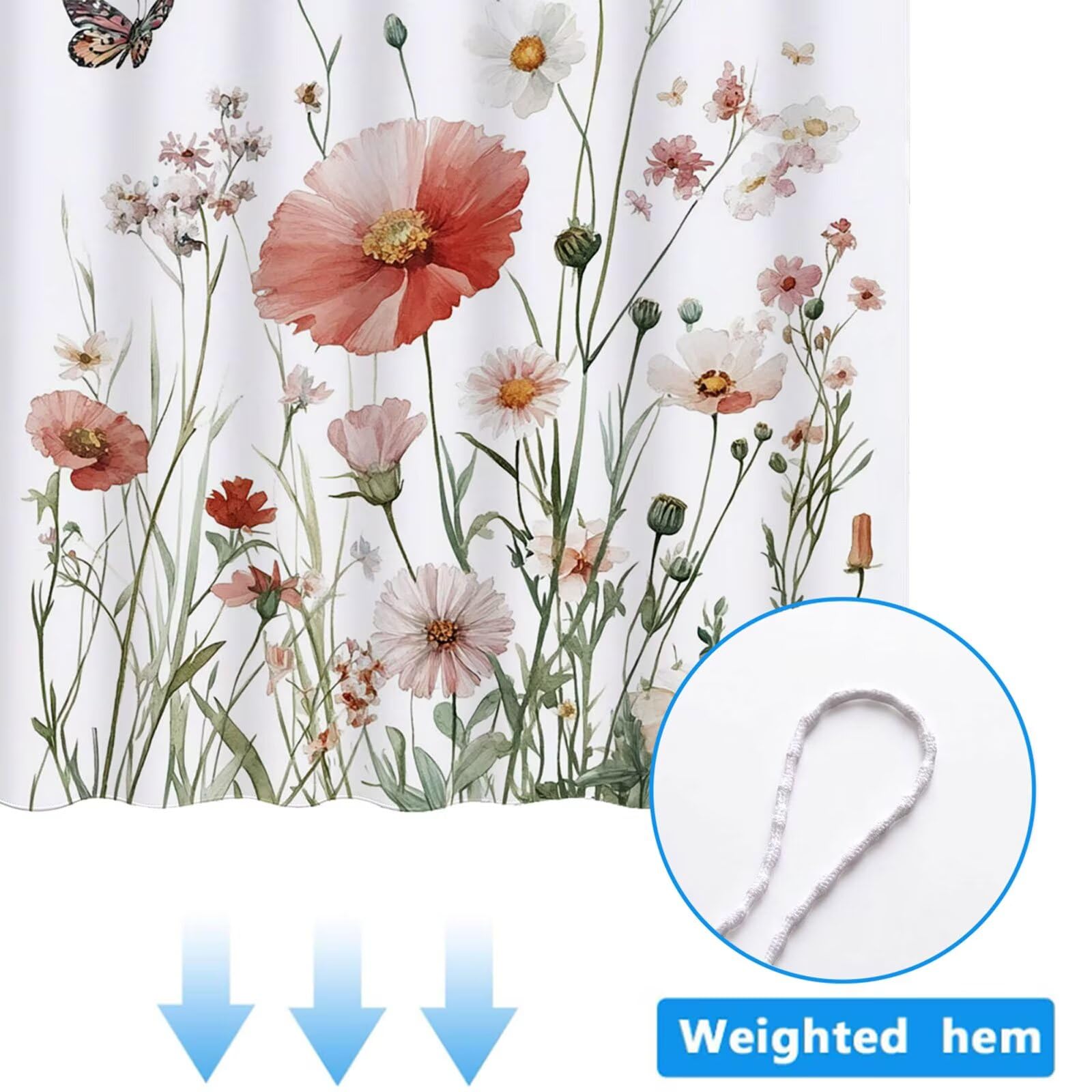 Rideau Douche Blanc Rideau de Douche Anti Moisissure Imperméable Tissu Polyester Shower Curtain avec Ourlet Inférieur Lesté, 12 Crochets Lavable Shower Curtain pour Décor 220 x 200 cm Plantes 3Y#177