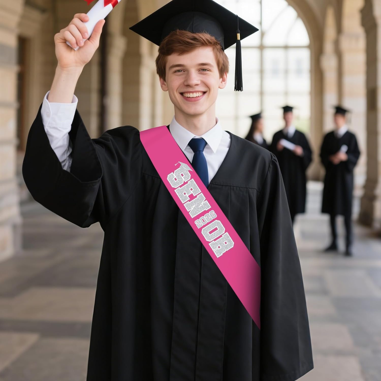 Senior Sashes 2026, 8 Pack Hot Pink Graduation Celebration Sash Silver Glitter Letters, Cheer Grad Class of 2026 Senior Night Decorations Supplies