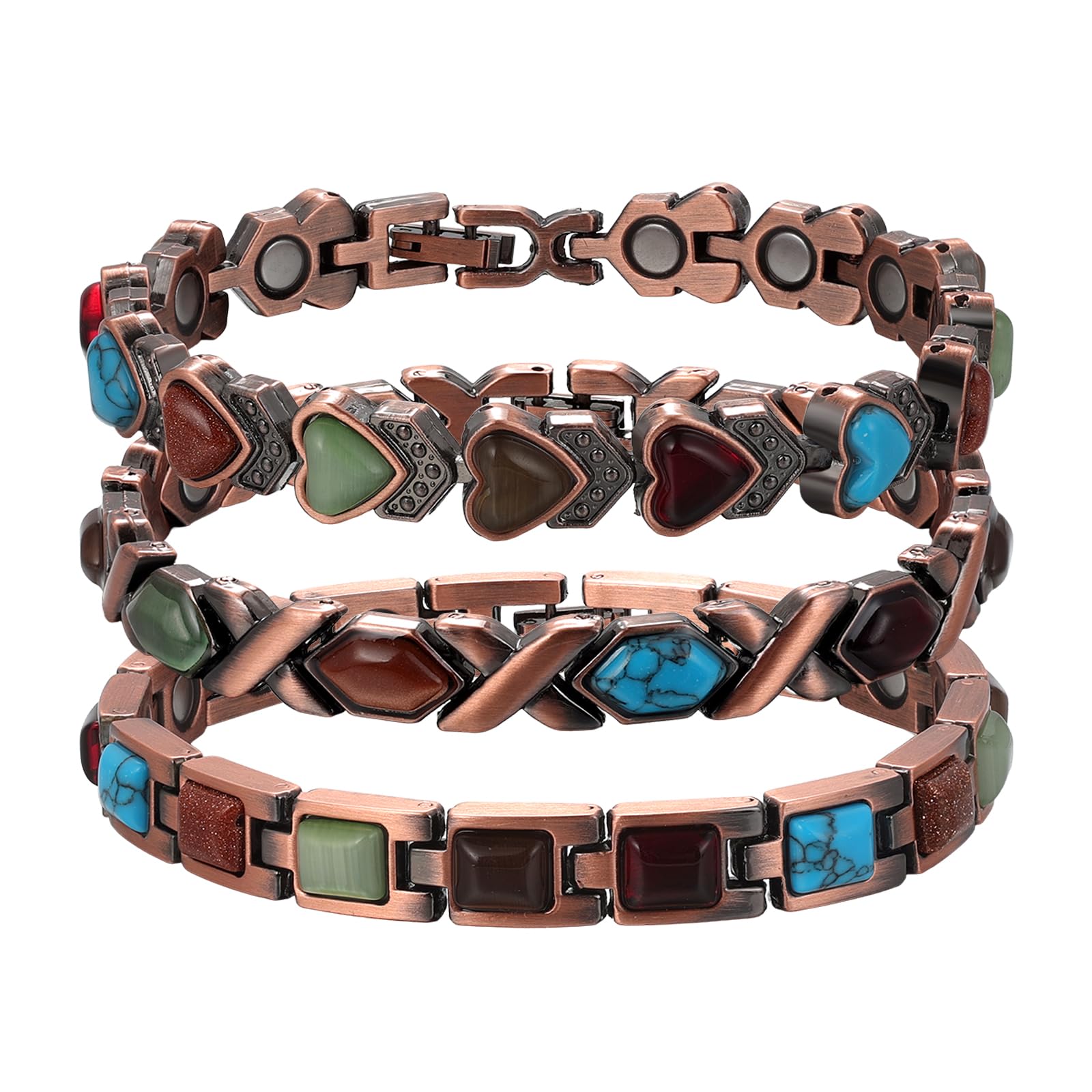 JewelryWe Kupfer Magnetarmband mit Türkis für Damen, Antik Magnetisch Kupferarmband Herz Sechseck Rechteck Link Verstellbares Armband mit Gauss Magneten reines Kupferschmuck für Frau Mutter
