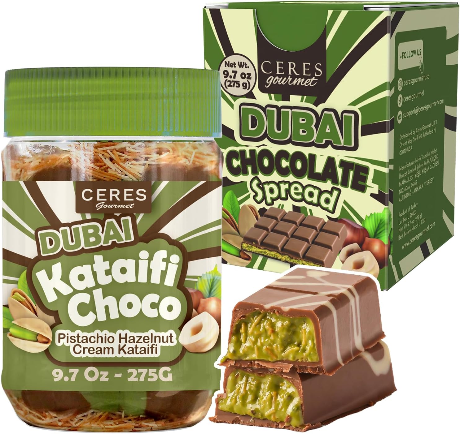 Dubai Spreadable Chocolate– Pistachio Spread with Roasted Phyllo Kataifi, Gourmet Breakfast Choco, Crunchy Dubai Filling (9.7 Oz)