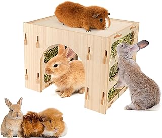 Rabbit Houses and Hideouts Guinea Pig Hideout and Tunnel with Hay Feeder 3-in-1 Hay Rack Stand Tunnel Wooden Castle for Bunnies Guinea Pigs Chinchillas