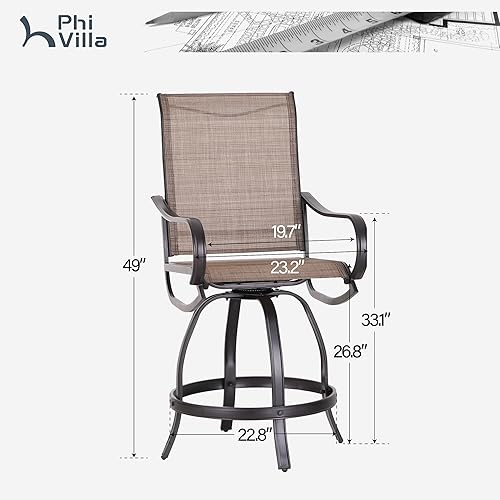 Miniatura 7 de PHI Villa Juego de 2 taburetes de bar giratorios para exteriores, sillas de patio de altura de mostrador con tela textil impermeable, marrón, marco