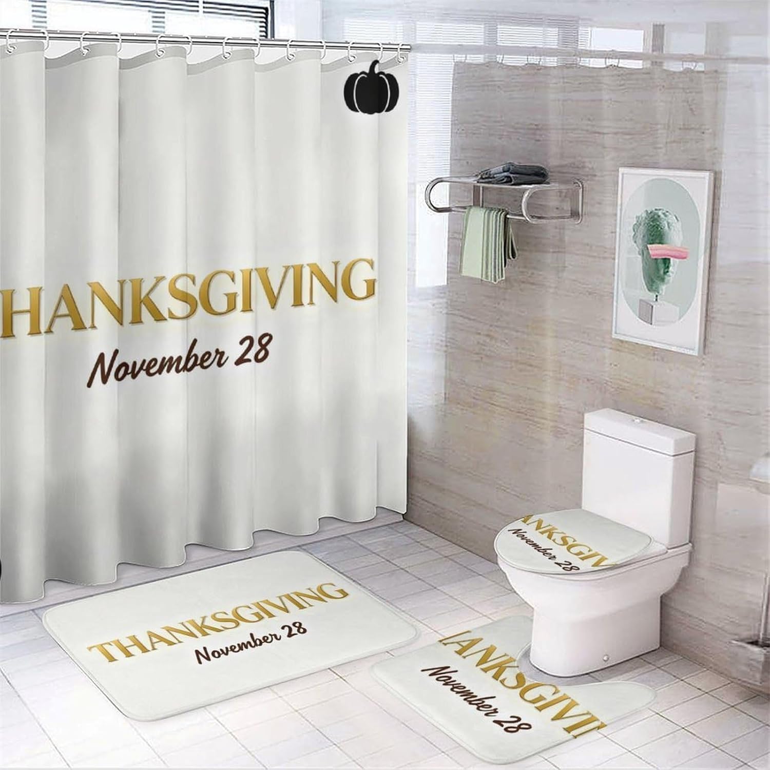 4 Piece Bathroom Rug Set with Shower Curtain, Non-Slip Bath Mat Toilet Cover Set, Minimalist Design Bathroom Rug Sets