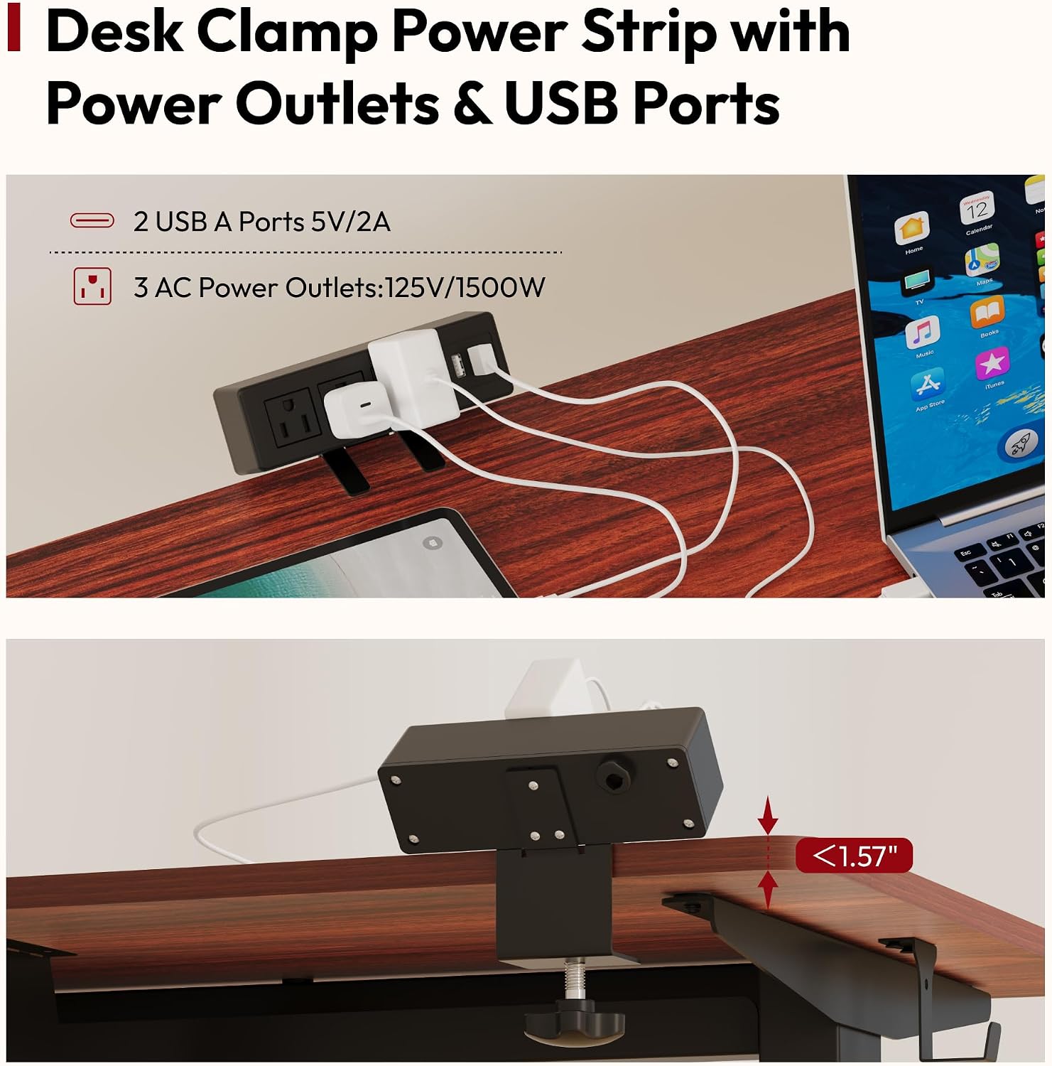 Close-up of the desk clamp power strip showing 2 USB-A ports and 3 AC power outlets, with dimensions indicating it fits desk edges less than 1.57 inches thick.