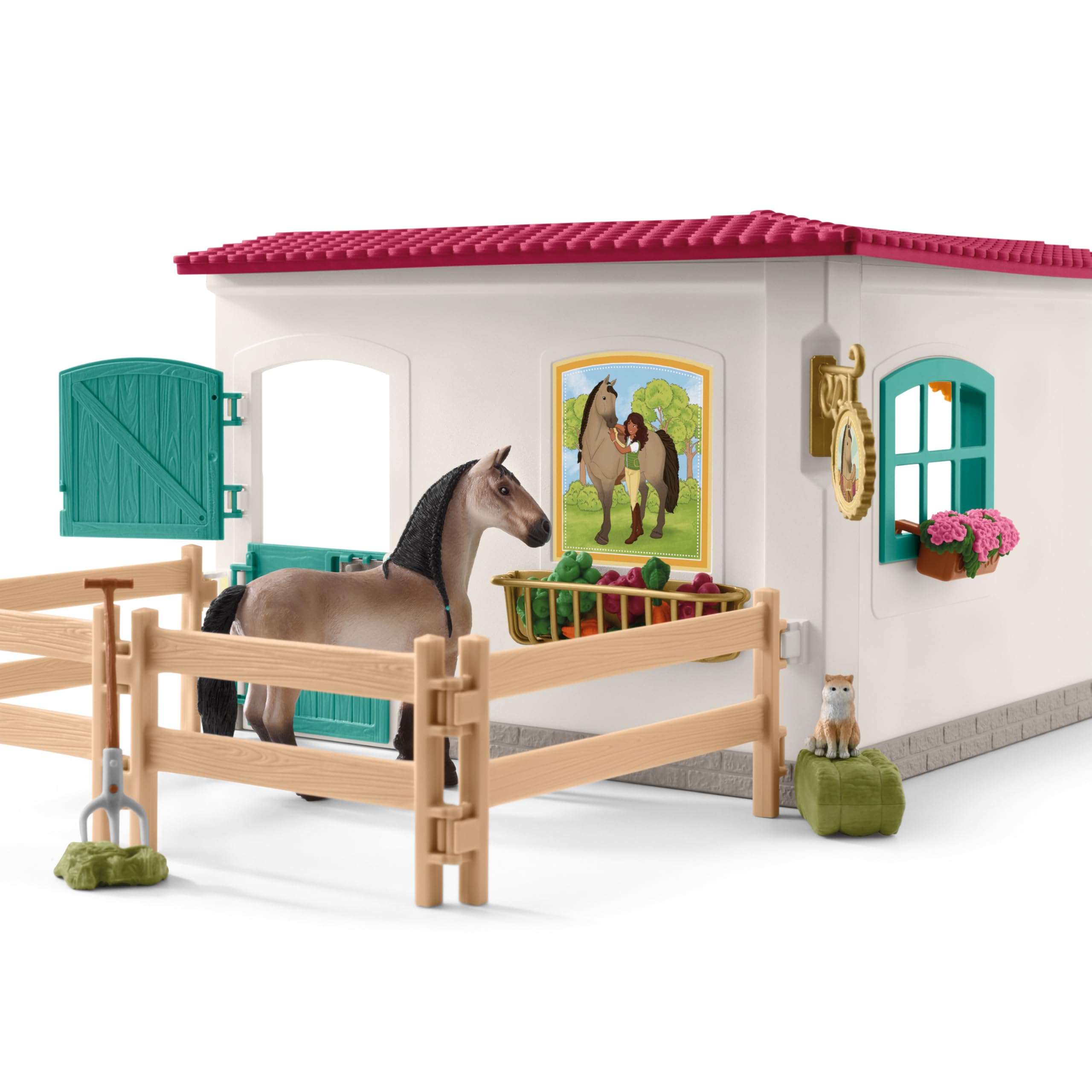 Schleich Horse Club | Sattelkammer 42591 | ab 5 Jahre | 85 Teile | Spielset inkl. Pferdefigur, beweglicher Mädchenfigur, Paddock und viel Pferde Zubehör | tolles Geschenk für Kinder