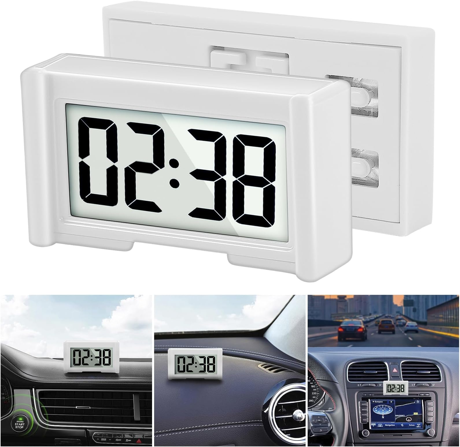 YOUNGFLY Small Digital Clock, Vehicle Adhesive Clock with Jumbo LCD Time & Day Display, Mini Car Dashboard Clock Battery Operated for Desktop Car Truck Dashboard & Air Vent (White)