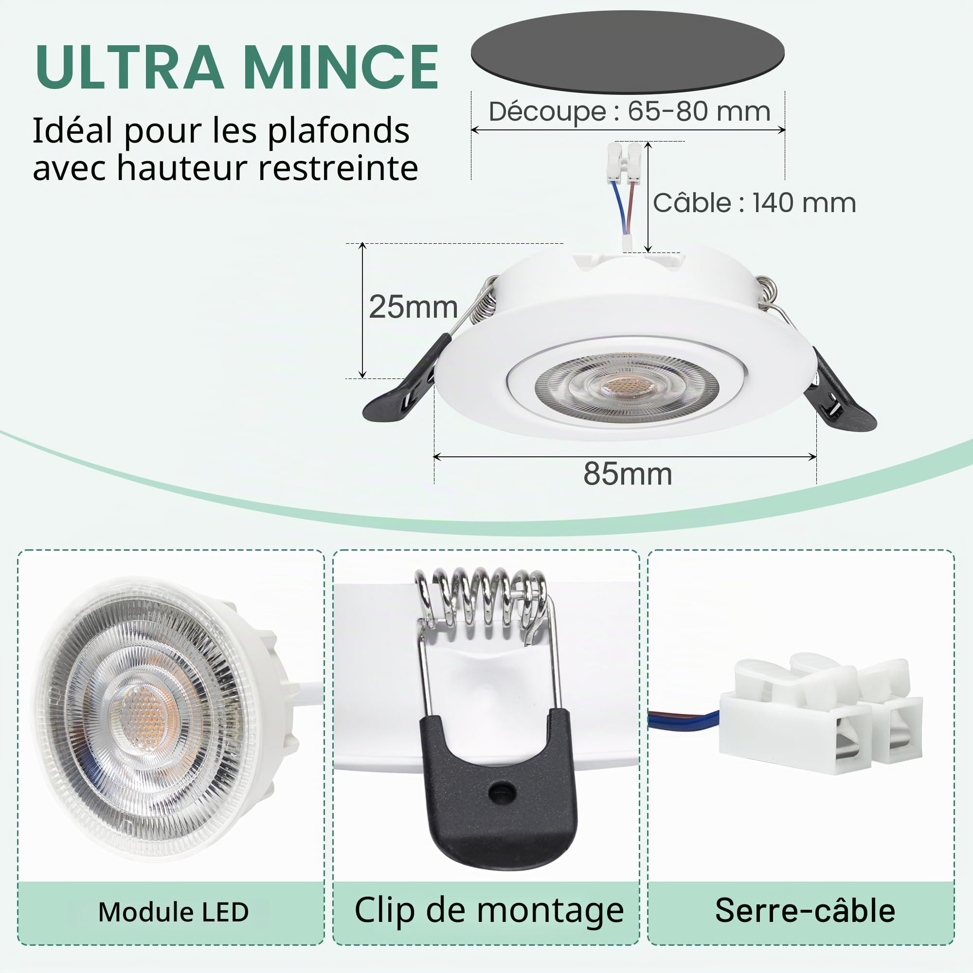 Spot LED Encastrable Dimmable 220V, 5.5W 600LM IP44 Spots LED Encastrable Extra Plat 68mm, 45° Orientable Spots de Plafond Blanc Chaud 2700K Spot Salle de Bain, Blanc Lot de 6