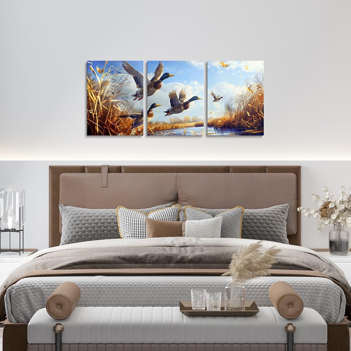 Mallard Duck Canvas Wall Artwork Decor,Cabin Lake House Fishing Wall Painting for Boys Girls,Wild Bird Hunting Animal Rustic Poster Pictures,Brown 3 Pieces Framed Canvas Wall Art