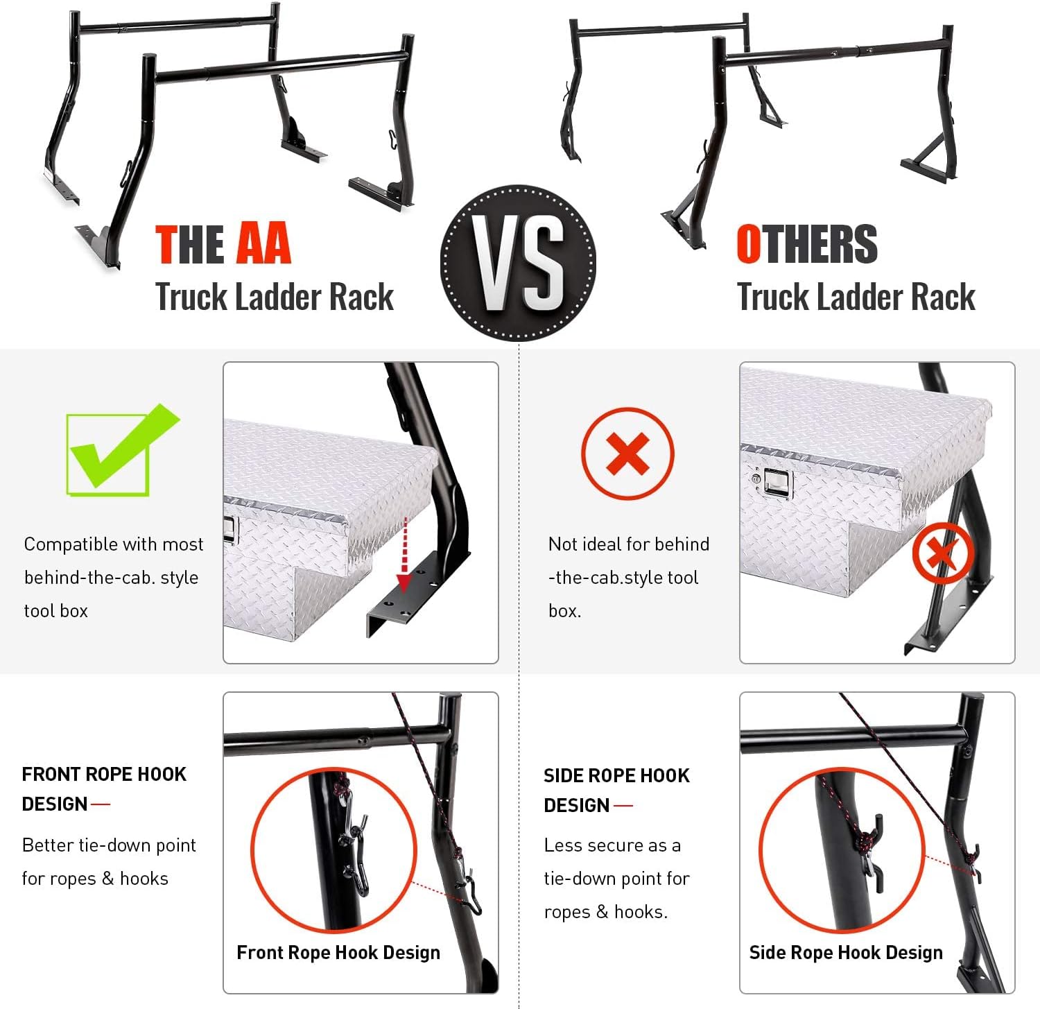 AA-Racks Model X31 800Ibs Capacity Extendable Steel Pick-Up Truck Ladder Rack Two-bar Set - Black