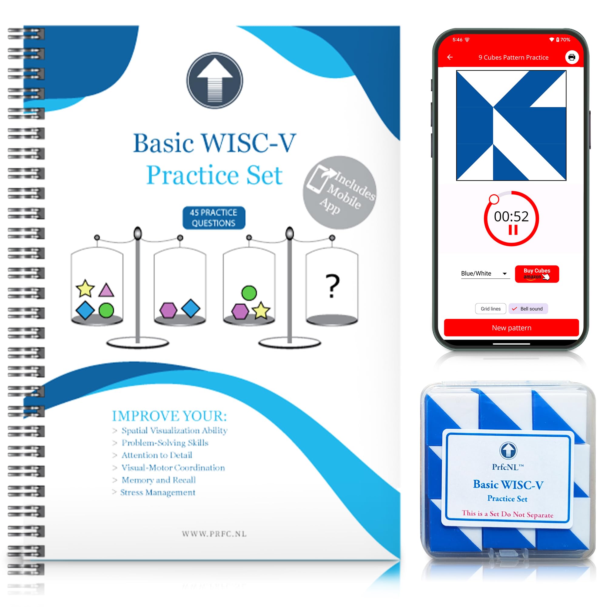 PrfcNL Basic WISC-V Practice Set-45 Practice Questions,with 9 Blue White Cubes and Mobile App,Ideal for Introduction to IQ Tests,BDT prep,Educational