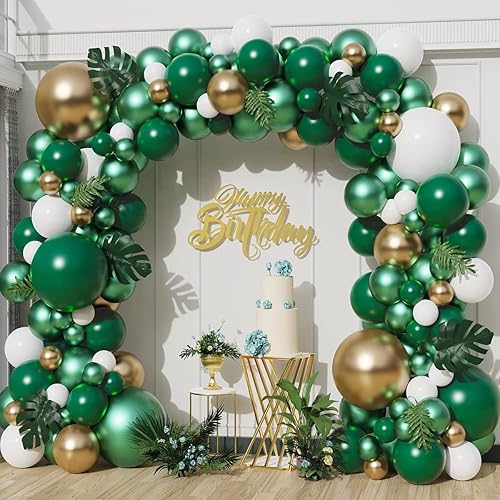 Kit de arco de guirnalda de globos de fiesta de selva, arco de globos de color verde y dorado, decoraciones de fiesta temática tropical con hojas de