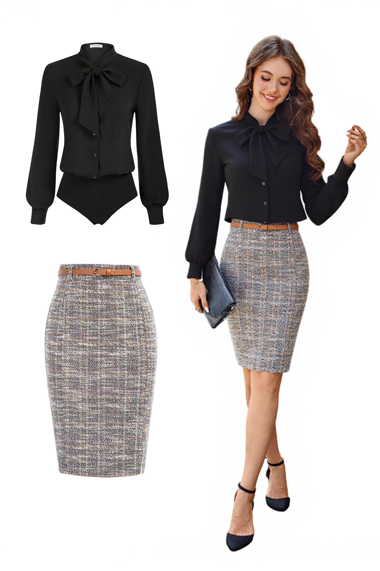 Kate Kasin Women Bow Tie Bodysuit and Tweed Pencil Skirt S